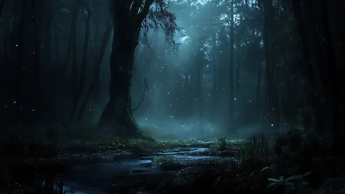 Nocturnal Forest Ecosystem with Bioluminescent Particulates and Flowing Waterway.