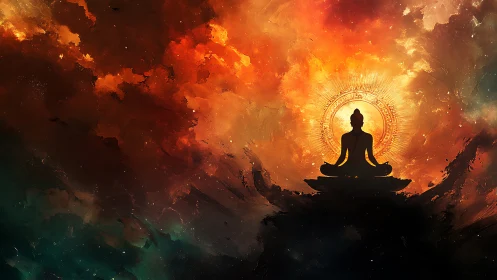 Cosmic meditation silhouette within radiant nebula field.