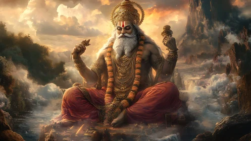 Serene divine sage resting above misty mountains and rivers.