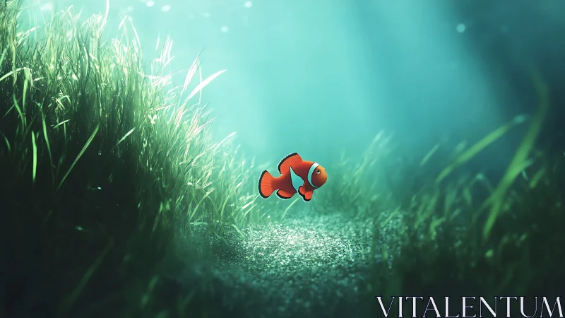 Gentle clownfish drifts through sunlit underwater seagrass
