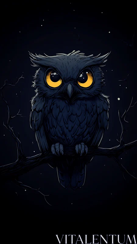 Midnight owl perches quietly, bottling starlight in its eyes