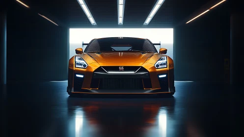 Golden Nissan GT-R front view under dramatic tunnel light.