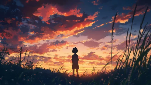 Silhouetted child in dusk meadow framed by dramatic anime sky