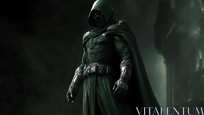 Hooded armored vigilante stands in cinematic low‑key lighting