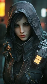 Stoic cyberpunk wanderer in a rain-slick neon city night.