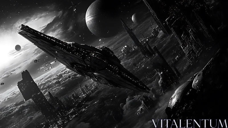 Monochrome starship corridor slices through dense orbital megacity