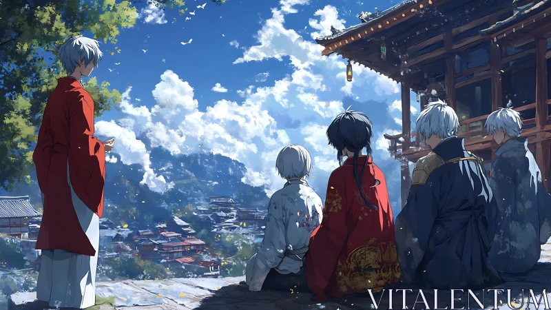 Anime temple overlook with robed figures and panoramic sky.