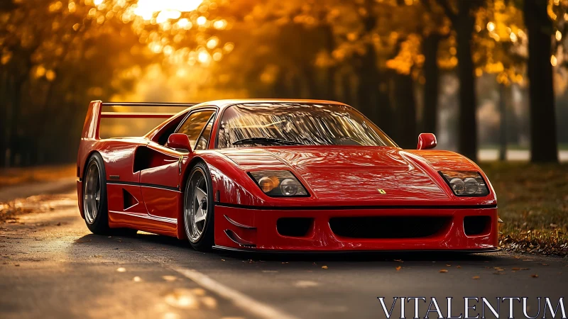 Red sports coupe on tree-lined road in autumn light period