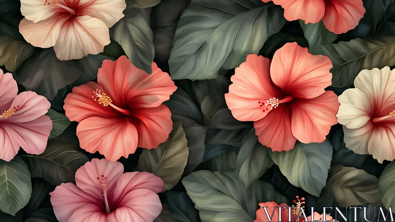 Hibiscus Blooms in Coral and Rose Tones.