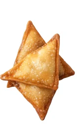 Crisp fried samosa pastries stacked on white background.