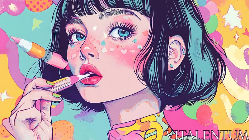 Digital portrait shows stylized girl with pens near her lips