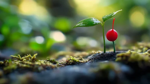 Tiny plant seedling with red berry growing in soft moss