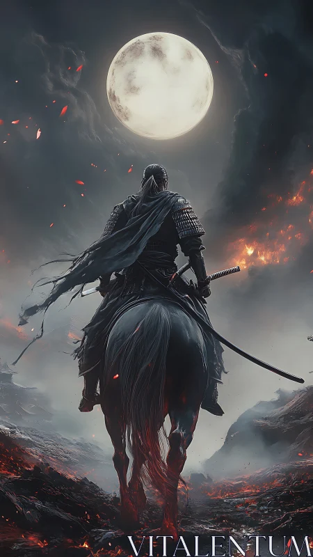 Armored lone rider under full moon on volcanic battlefield