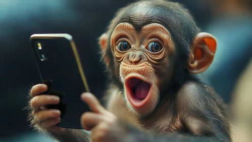Wide-eyed baby chimp discovers shocking smartphone secrets.