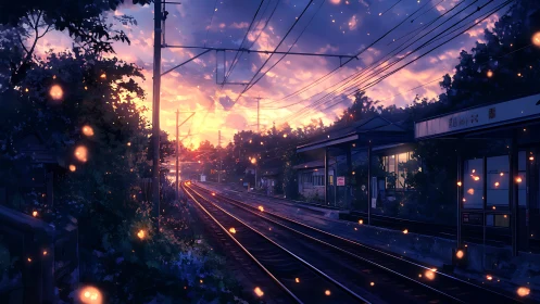 Anime twilight rail station with glowing firefly atmospherics.