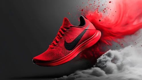 Red running shoe bursts through smoke in dynamic motion