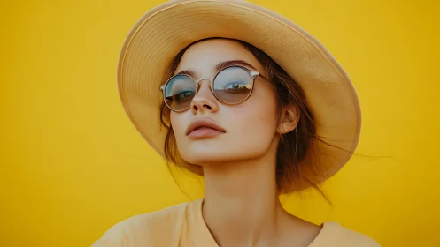 Sunlit woman in hat and sunglasses against vibrant yellow.