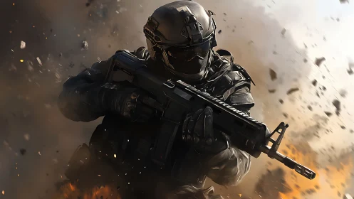 Future-armored soldier charging through fiery explosion.