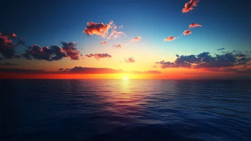 Vivid ocean sunset under glowing clouds on horizon.