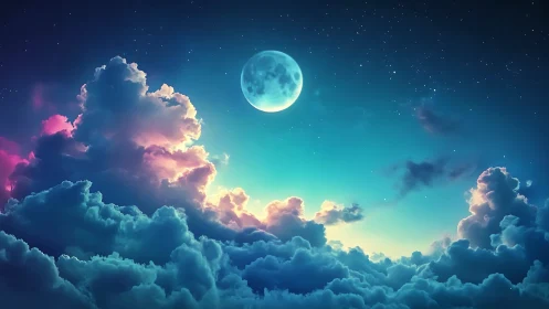 Luminous moon above neon twilight clouds and stars.