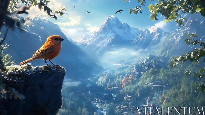 Orange songbird on cliff above misty mountain valley scene.