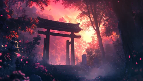 Backlit torii gate silhouettes against ethereal vermilion forest glow