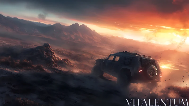 Sunset desert road trip with rugged off road adventure truck.