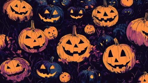 Chromatic jack-o-lantern tiling with high-contrast linework.