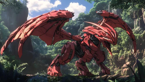 Red mechanical dragon in dense tropical canyon environment.