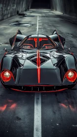 Futuristic black supercar glows with neon red accents.