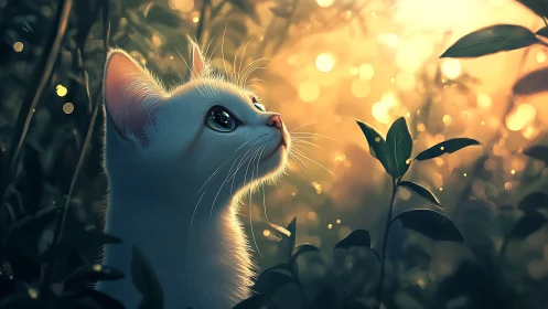 Luminous White Cat in Golden Garden: Digital Fantasy Portrait.