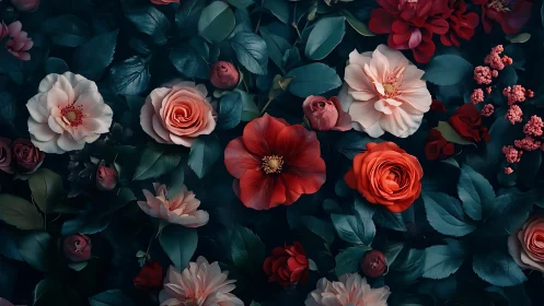 Rich Botanical Arrangement Against Deep Teal Background.