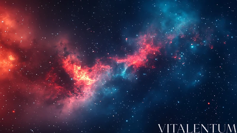 Red blue nebula arc across star-dense deep space field.