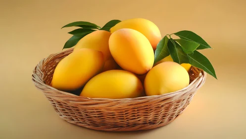 Ripe yellow mangoes rest in woven wicker basket on beige