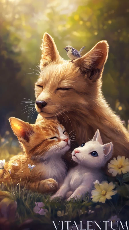 Golden Guardian: Three Souls in Sunlit Serenity.