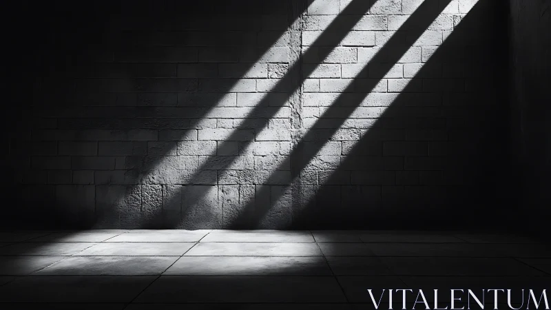 Concrete wall and floor sliced by diagonal window light beams.