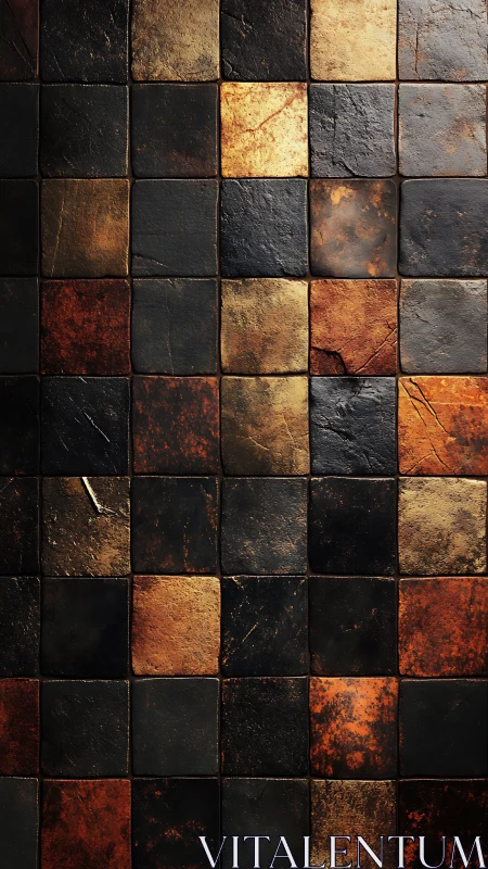Oxidized stone tile grid with warm metallic patina texture.