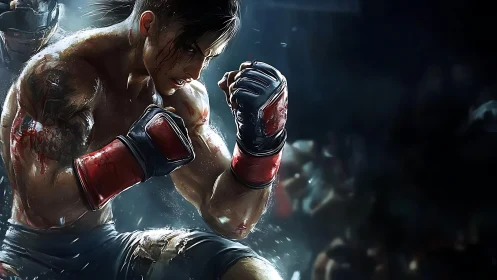 Intense Boxing Portrait: Muscular Fighter in Red Gloves Under Dramatic Blue Lighting.