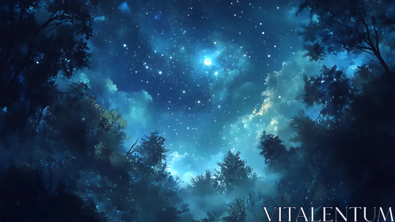 Moonlit forest canopy under deep star-filled night sky.