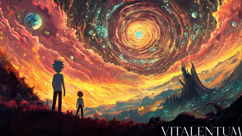 Cosmic vortex sky over observers in luminous alien valley.