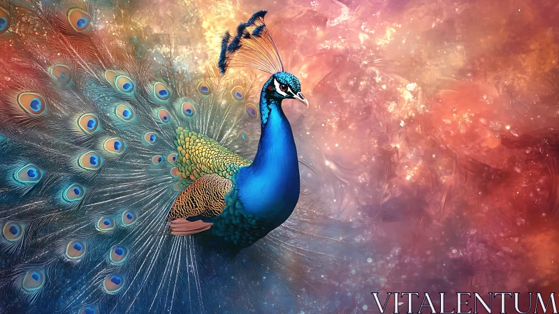 Radiant peacock spreads cosmic feathers in glowing nebula sky