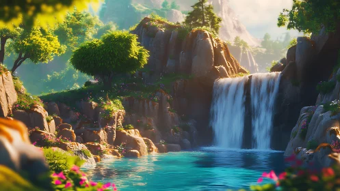 Sunlit waterfall hums softly through a dream-bright valley