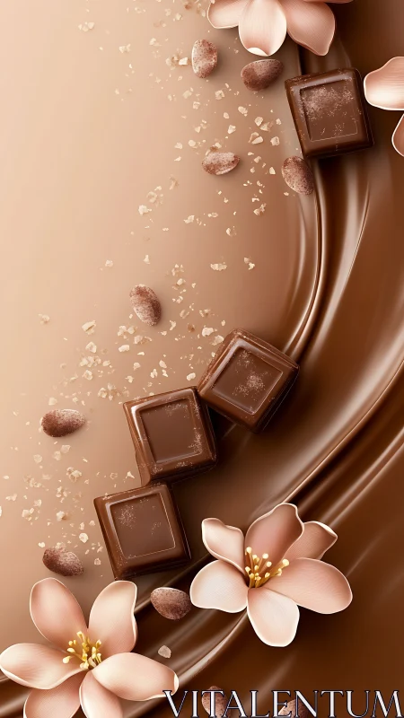 Photorealistic chocolate flow with floral confection accents.