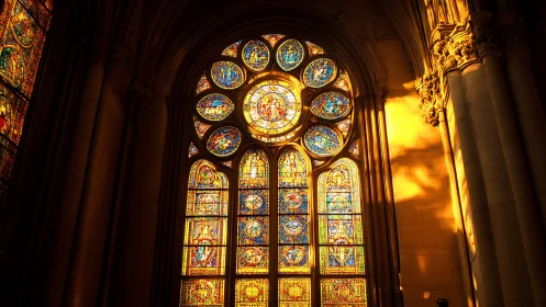 Gothic cathedral stained glass window illuminated by warm light