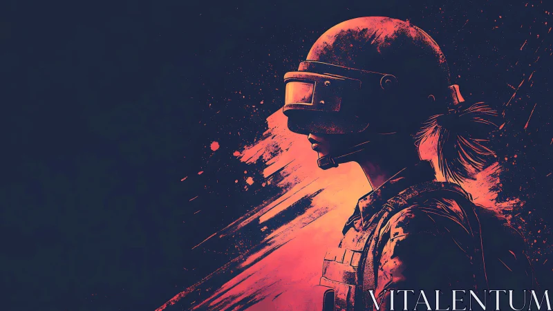 Neon dusk warrior in visor helm amid erupting paintstorms.