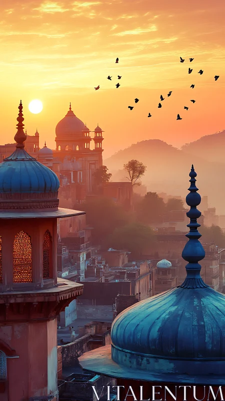 Sunrise illuminates domed city skyline above hazy hills