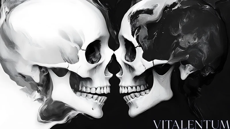 Monochrome twin skulls in mirrored digital painting composition.