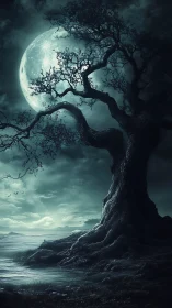 Littoral night tree silhouette against oversized spectral moon.