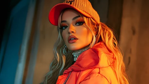 Stylish woman in orange streetwear jacket under warm light