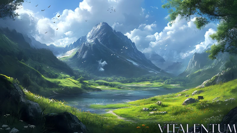 Panoramic alpine valley rendered in luminous digital painting